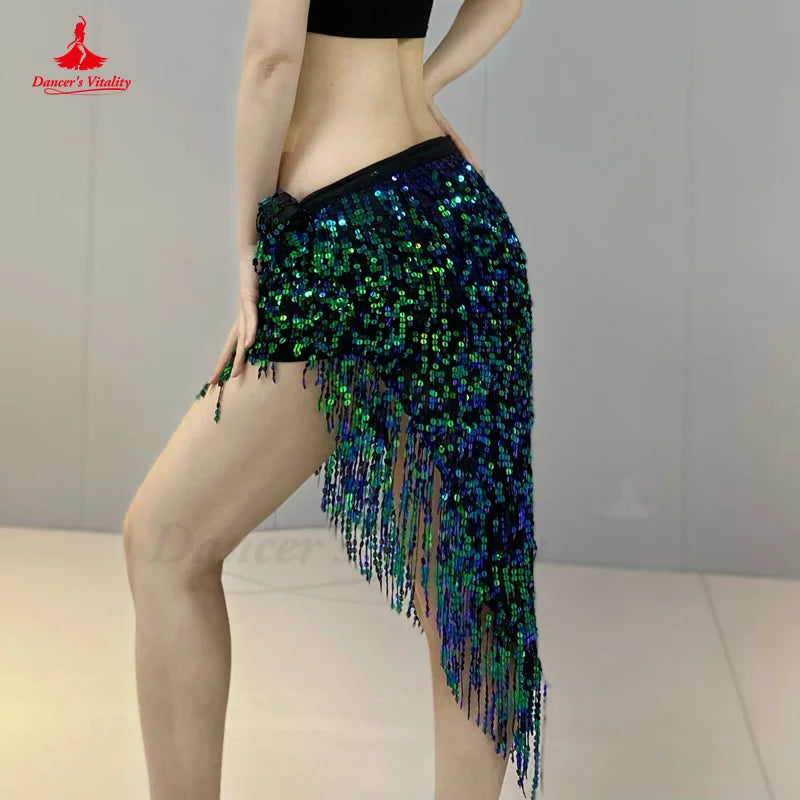Belly Dance Hip Scarf, Women's Green Sequin Tassel Fringe Wrap Skirt, Asymmetrical Latin Dance Belt