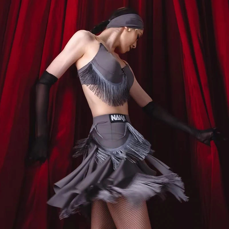 Women's Gray Fringe Latin Dance Top and Skirt Set, Mesh Gloves, and Headband, Ballroom Performance Costume