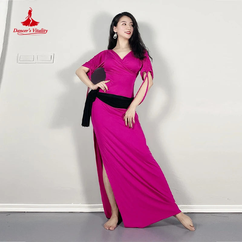 Belly Dance Dress Women's Magenta Slit-Skirt V-Neck Short Sleeve with Black Sash Lycra Spandex Performance Costume