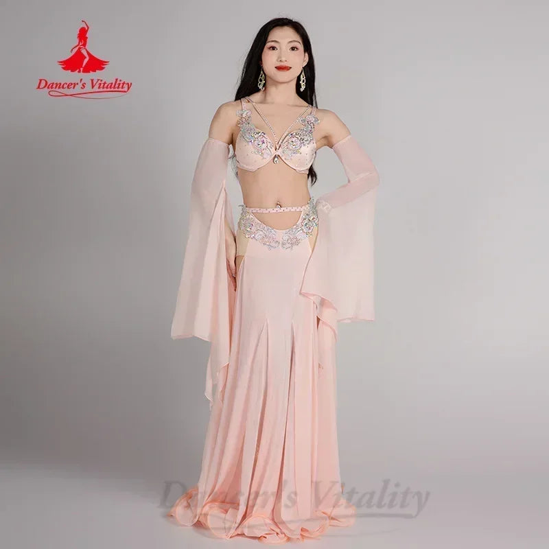 Belly Dance Costume, Women's Green Sequin Beaded Chiffon Skirt and Bra Set with Arm Sleeves, Performance Wear