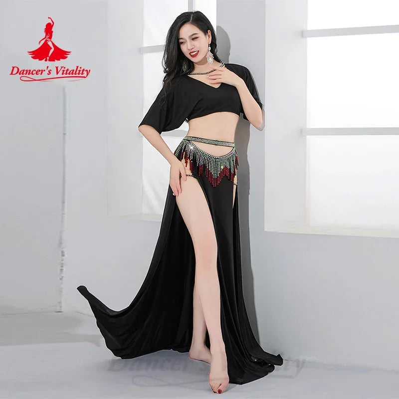 Belly Dance Costume Women's Emerald Green V-Neck Crop Top with Short Sleeves, High Slit Skirt, and Rhinestone Fringe Hip Scarf Set for Performance