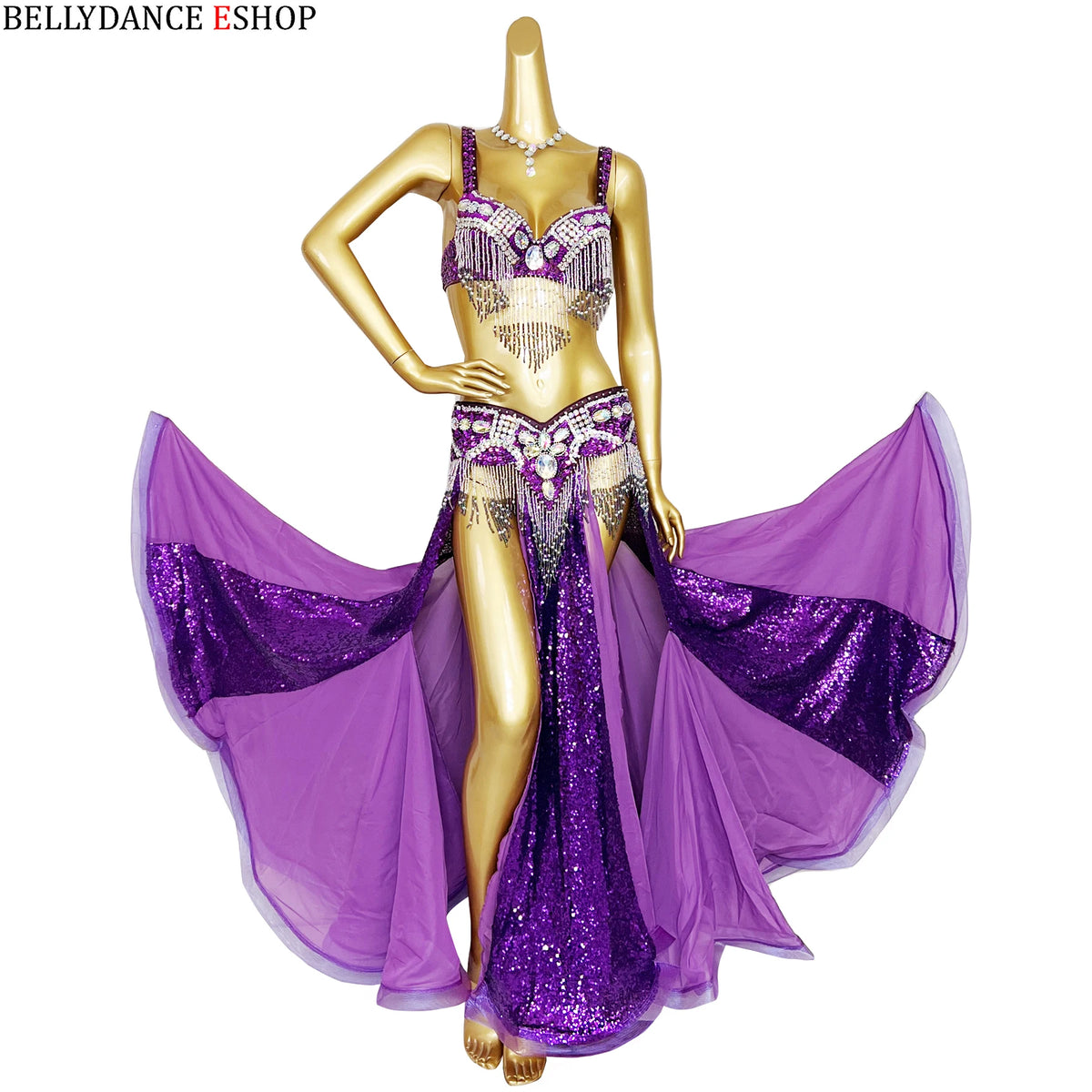 Belly Dance Costume Women Yellow & Gold Sequin Chiffon Bra Belt Skirt Set with Rhinestone Fringe