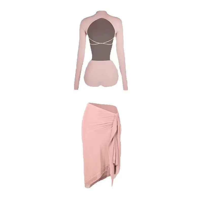 Women's Pink Long Sleeve Mock Neck Cut-Out Bodysuit with Black Asymmetrical Wrap Skirt for Latin Dance