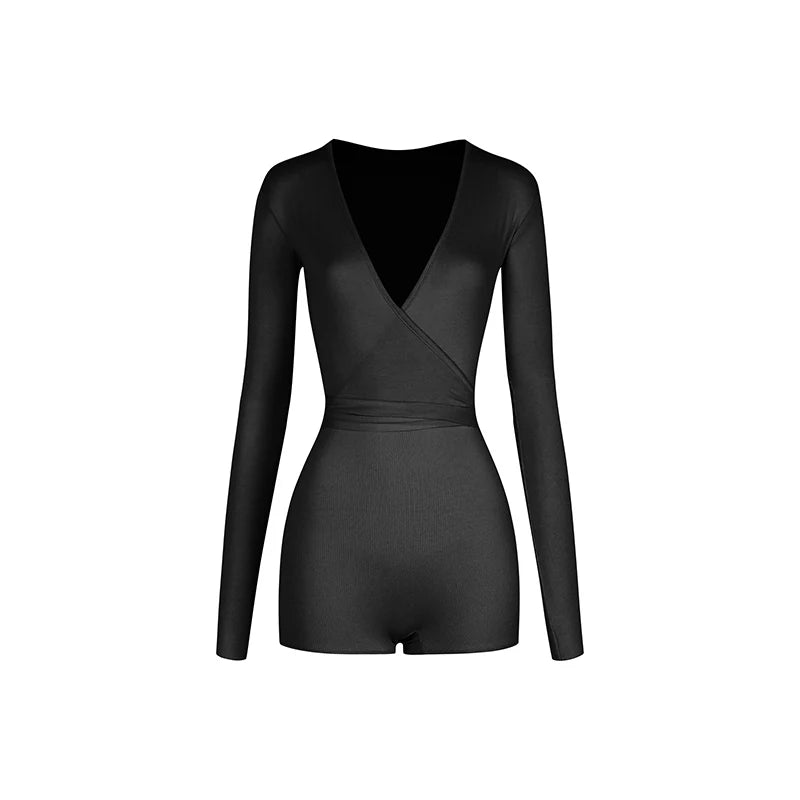 Women's Black, Pink, Ivory Long Sleeve V-Neck Wrap Bodysuit with Ruffled Tulle & Satin Tie Skirt for Latin Ballroom Dance