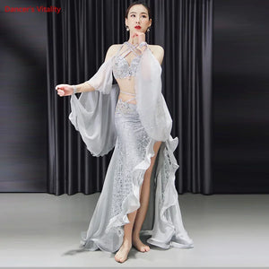 Belly Dance Costume Women's Silver Sequin Halter Top Chiffon Sleeve Slit Skirt Set, Adult
