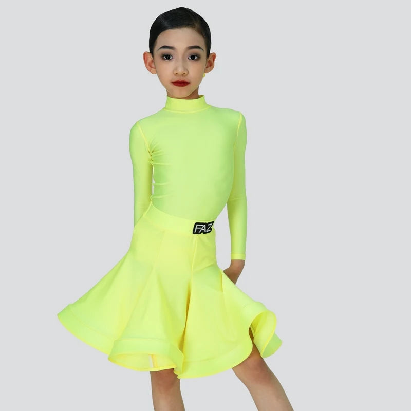 Girls' Pink Long Sleeve Mock Neck Pleated Skirt Latin Ballroom Dance Dress