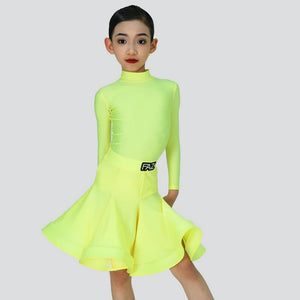 Girls' Pink Long Sleeve Mock Neck Pleated Skirt Latin Ballroom Dance Dress
