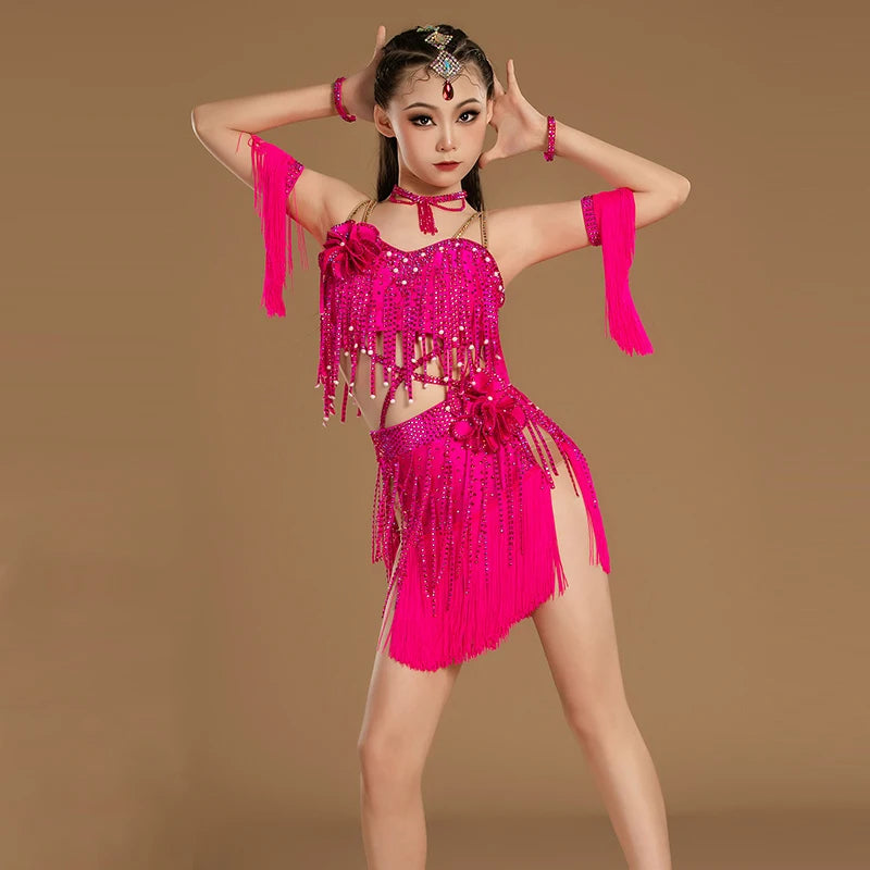 Girls' Hot Pink Sequin Fringe Latin Dance Costume Set with Headpiece and Armbands