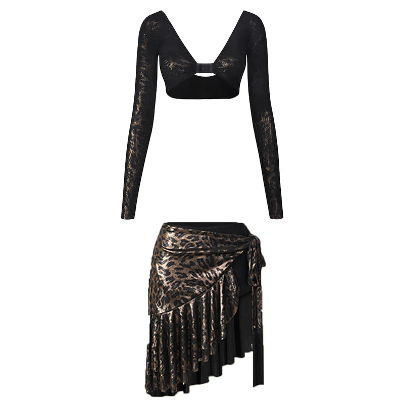 Women's Black Glitter Long Sleeve Crop Top and Leopard Print Ruffle Skirt Latin Dancewear, Women's Burgundy Glitter Long Sleeve Crop Top and Leopard Print Ruffle Skirt Latin Dancewear, Women's Gold Glitter Long Sleeve Crop Top and Leopard Print Ruffle Ski