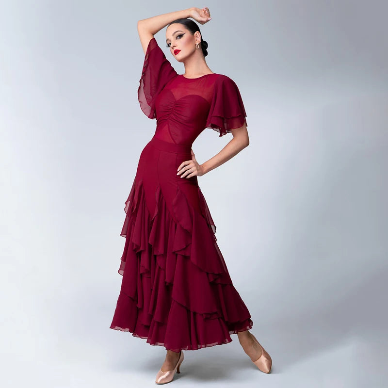 Women's Burgundy Chiffon Mesh Ruffled Ballroom Latin Dance Dress