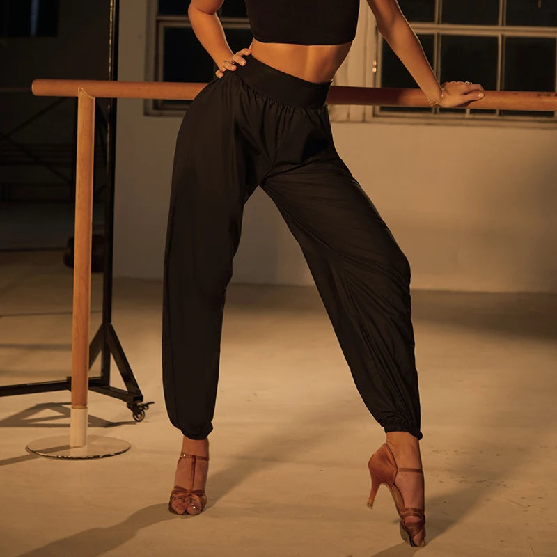 Women's Black Shiny High-Waist Loose Fit Jogger Dance Pants for Hip Hop