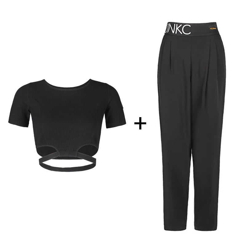 Women's Black Cut-Out Long Sleeve Crop Top and Pleated Wide Leg Dance Pants Set, Pinko Branded