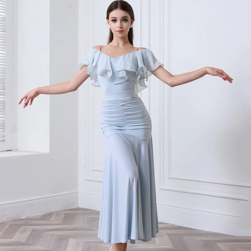 Women's Black Off-Shoulder Ruffled Ruched Ballroom Dance Dress, Light Blue Off-Shoulder Ruffled Ruched Ballroom Dance Dress, Mauve Off-Shoulder Ruffled Ruched Ballroom Dance Dress