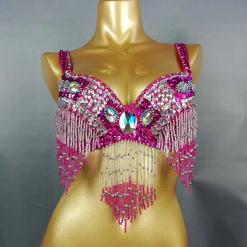Women's Black Sequin Beaded Fringe Belly Dance Bra Top