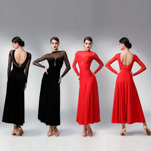 Women's Black & Red Velvet Mesh Ballroom Dance Dress with Open Back & Sweetheart Neckline, Latin Tango Waltz Foxtrot Gown