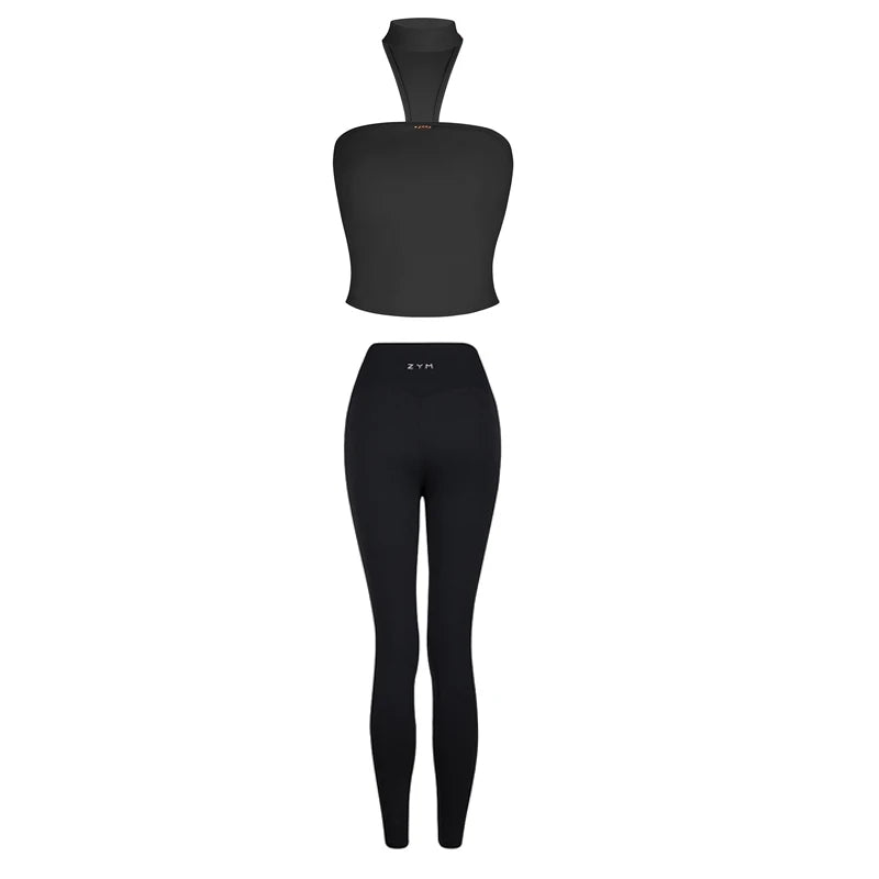 Women's Black Strapless Halter Neck Unitard with High-Waist Leggings, Stretch Fabric, Latin Ballroom Dance