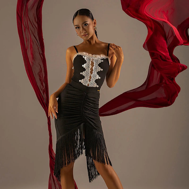 Women's Black Ruched Fringe Asymmetrical Latin Dance Skirt