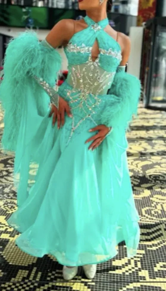 Women's Teal Ballroom Dance Gown with Feather Sleeves, Rhinestone Embellishments, and Halter Neck