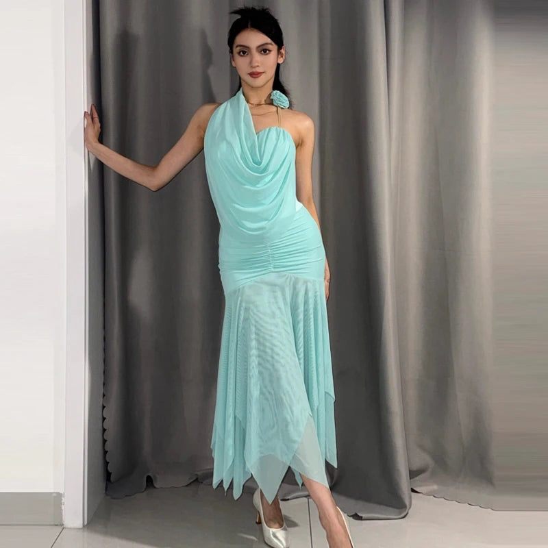 Women's White Halter Neck Ruffled Mesh Hem Latin Dance Dress