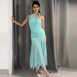 Women's White Halter Neck Ruffled Mesh Hem Latin Dance Dress