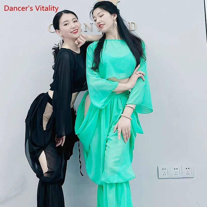 Belly Dance Women's Royal Blue Sheer Chiffon Cropped Top and Flowy Skirt Set with Side Slits