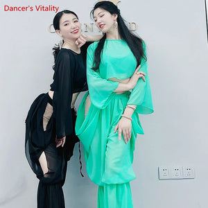 Belly Dance Women's Royal Blue Sheer Chiffon Cropped Top and Flowy Skirt Set with Side Slits