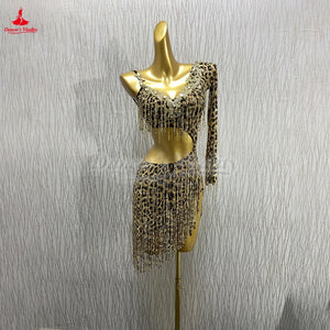 Women's Latin Ballroom Dance Dress AB Rhinestone Embellished Leopard Print For Competition
