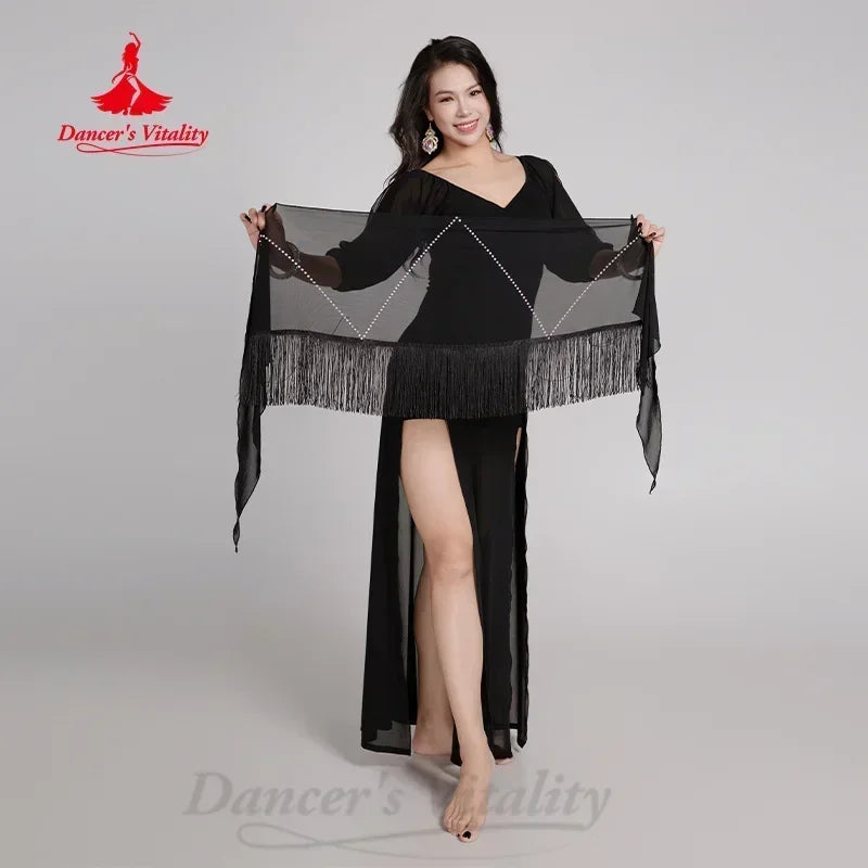 Women's Belly Dance Practice Dress Set With Tassel Belt In Breathable Mesh 2-Piece For Training