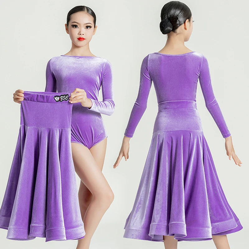 Girls' Velvet Long Sleeve Leotard & Skirt Set, Ballroom Latin Dance Costume