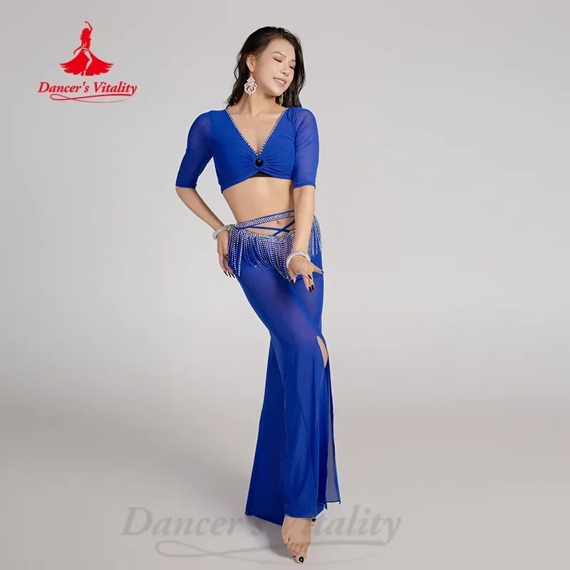 Belly Dance Costume Womens Blue Chiffon Mesh Crop Top and Slit Pants Set with Rhinestone Fringe Hip Scarf