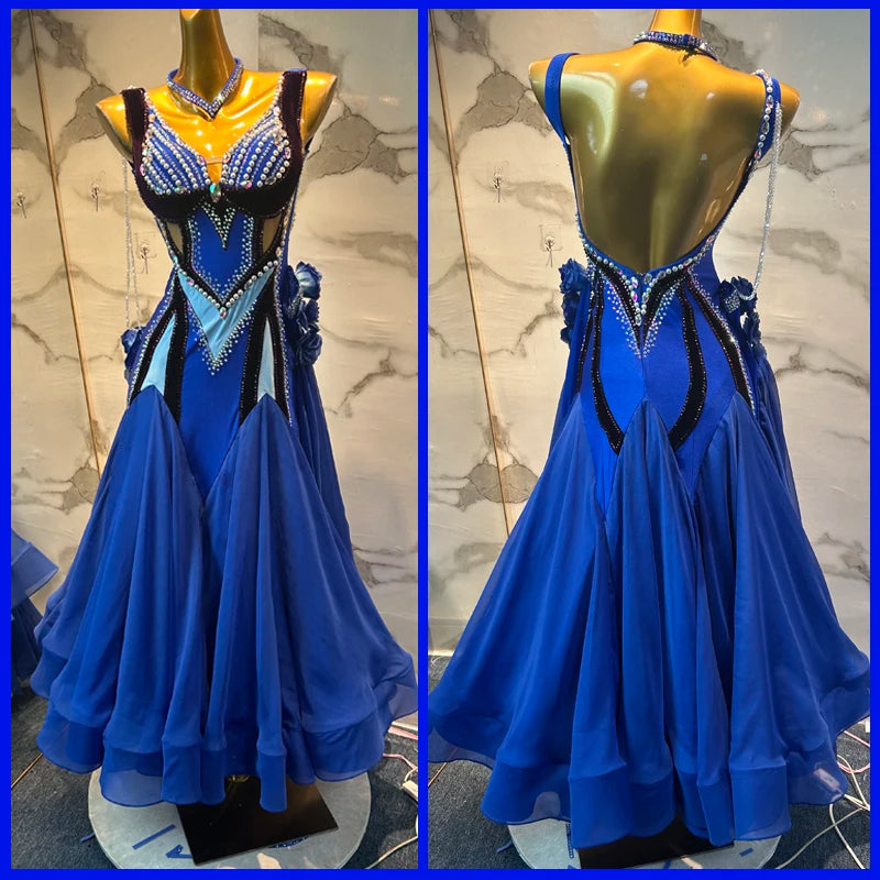 Ballroom Dance Dress Women's Royal Blue Rhinestone Embellished Open Back Standard Smooth Competition Gown