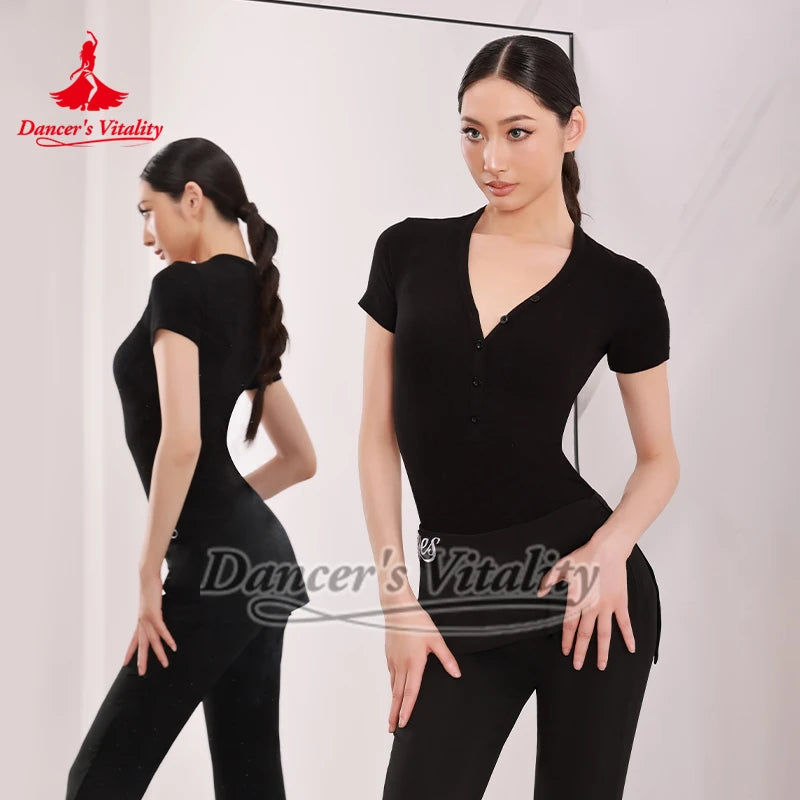 Women's Pink Ribbed Long Sleeve V-Neck Bodysuit with Thumbholes, Latin Ballroom Dance