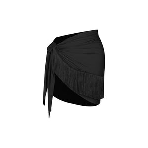 Women's Black Sleeveless High Neck Open Back Bodysuit with Fringe Tie-Waist Skirt Latin Dancewear