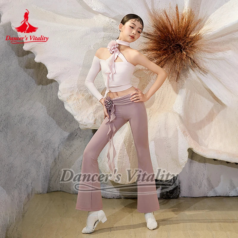 Women's Pink & White Off-Shoulder Ruffle Dance Top and Leggings Set with Floral Accents, Modern Contemporary Dance