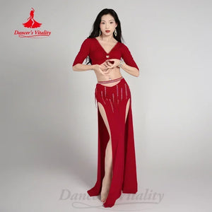Belly Dance Costume Women Light Green V-Neck Crop Top with Half Sleeves and High-Slit Maxi Skirt with Rhinestone Fringe