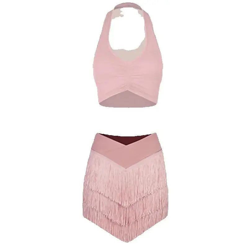 Women's Halter Neck Ruched Crop Top & Layered Fringe Latin Dance Skirt Set