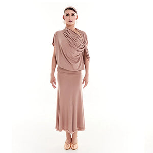 Women's Beige Modest Dance Top & Skirt Set, Draped Lycra, Latin Ballroom