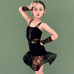 Girls Pink Lace Floral Mesh Latin Dance Dress with Arm Sleeves and Skirt Ruffle