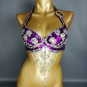 Belly Dance Halter Top, Women's Teal Sequin & Beaded Crystal Bra with Dangles, Performance Costume