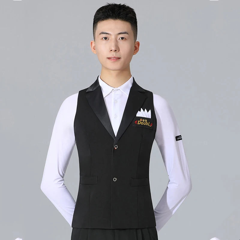Men's Black V-Neck Button-Up Vest with Pockets for Ballroom Dance