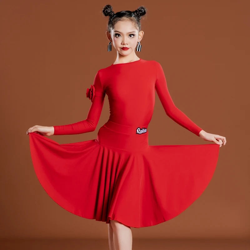 Girls Latin Dance Dress, Long Sleeve, Pleated Skirt, Ballroom Performance Costume