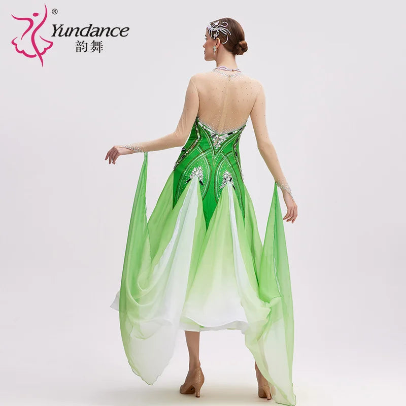Women's Ballroom Dance Dress International Standard Chiffon White-Green Ombre For Adult Stage Performance