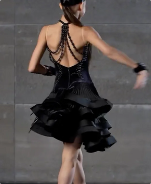 Girls Black Velvet Beaded Latin Ballroom Dance Dress with Pleated Skirt and Ruffles