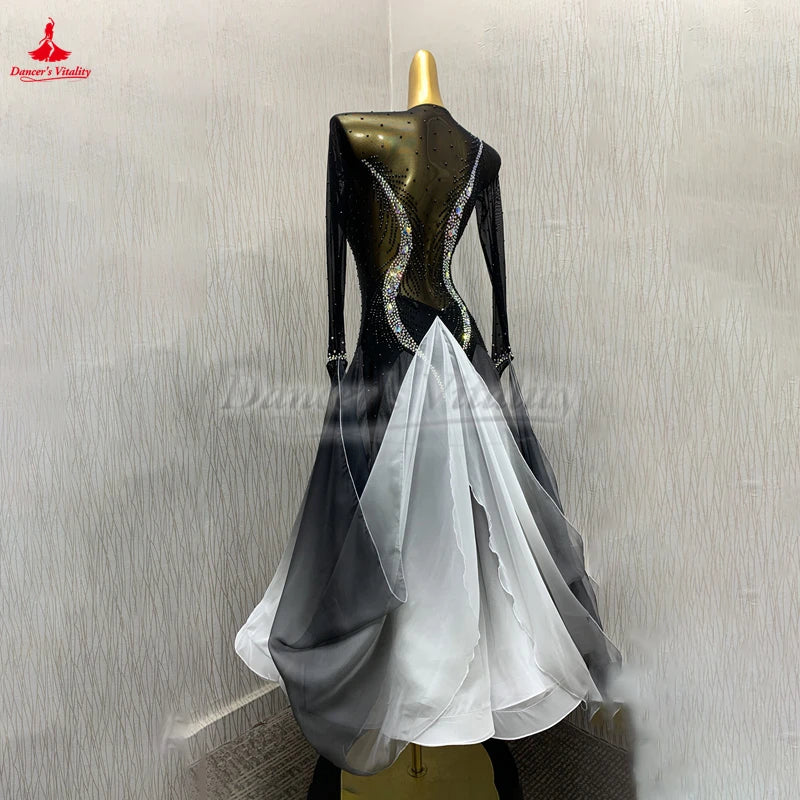 Women's Black and White Ombre Crystal Embellished Mesh Ballroom Dance Dress