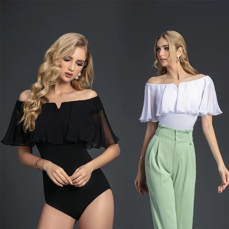 Women's Black Chiffon Off-Shoulder Bodysuit for Latin Dance