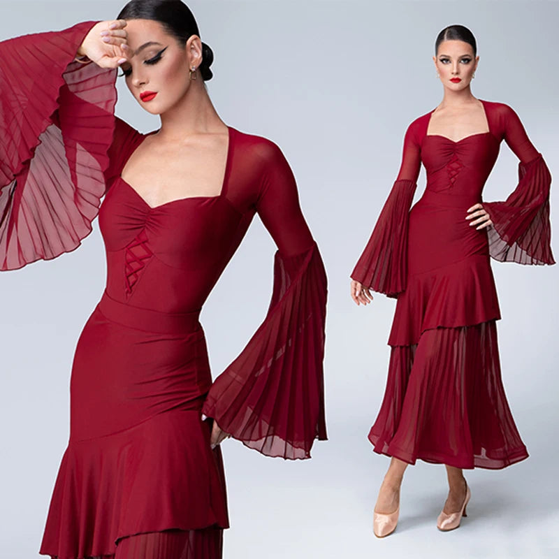 Women's Red Mesh & Chiffon Pleated Bell Sleeve Latin Ballroom Dance Dress