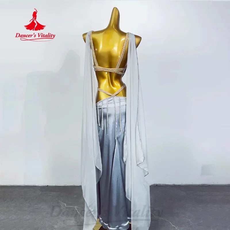 Women's Silver Sequin Beaded Cutout Fringe Satin Belly Dance Dress with Sheer Cape