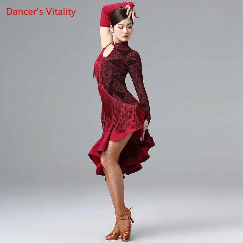 Women's Gold & Grey Asymmetrical Fringe Latin Dance Dress with Long Sleeves