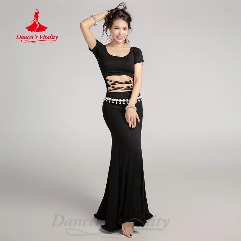 Belly Dance Dress Women Teal Short Sleeve Cut-Out Rhinestone Slit Mermaid Maxi Skirt with Hip Scarf