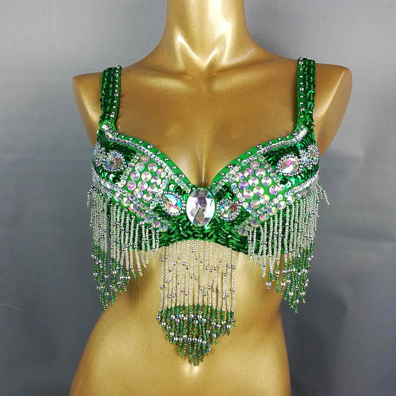 Women's Black Sequin Beaded Fringe Belly Dance Bra Top